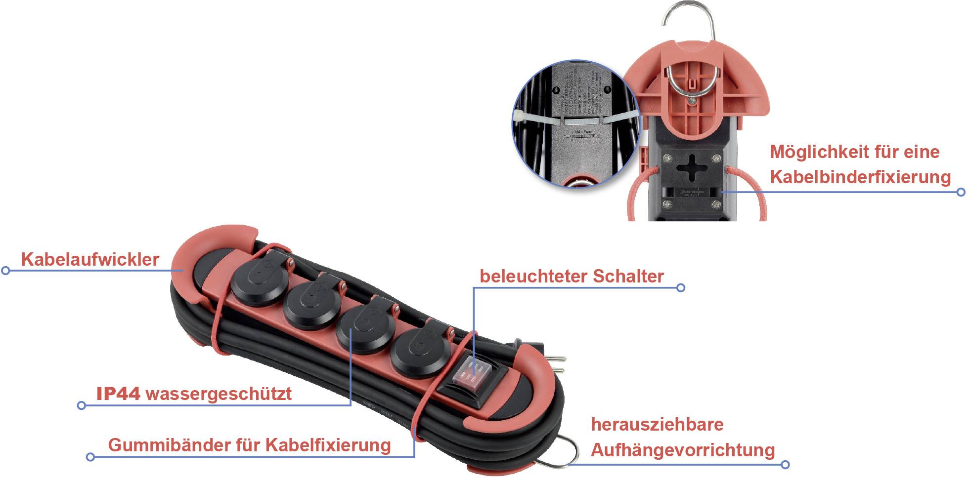 A cable reel with multiple Schuko sockets and an illuminated switch, IP44 water-protected. Highlights showcase features such as cable winder, rubber bands for cable securing, and removable hanging mechanism.