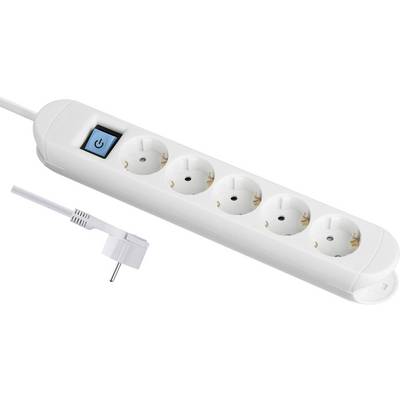 A white extension socket with five outlets and a blue on/off switch. Next to it on the right is an angled plug.
