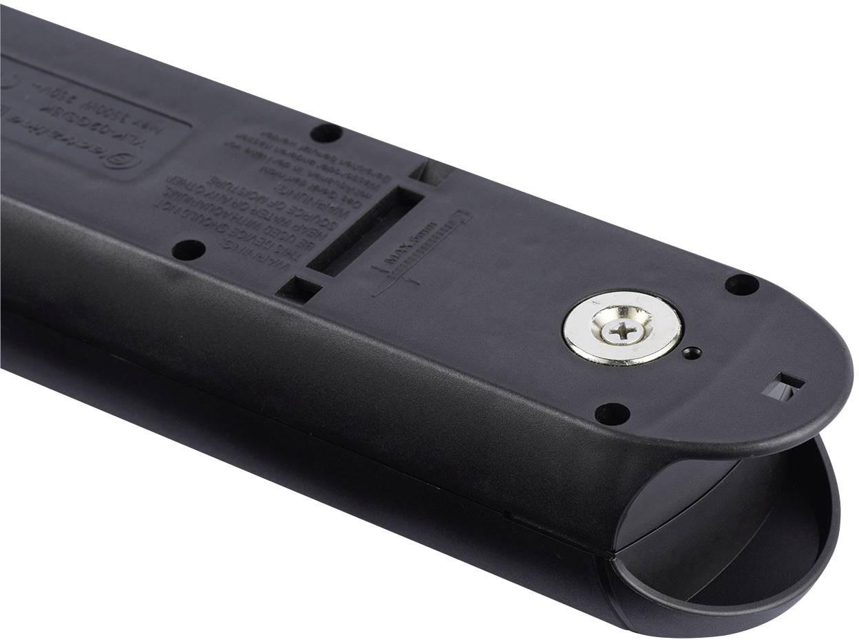Black cover for a table connection box, rectangular in shape, with a round opening and a metal screw fastener.