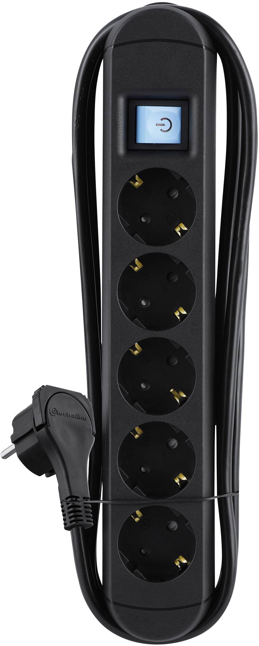 Black power strip with six socket outlets and a blue on/off switch, cable rolled up with Schuko plug.