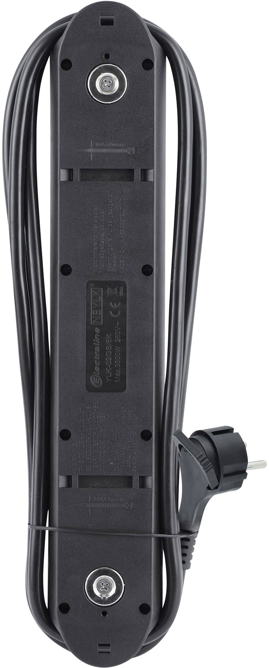 Black extension lead in plastic casing, coiled, with plug on the right-hand side.