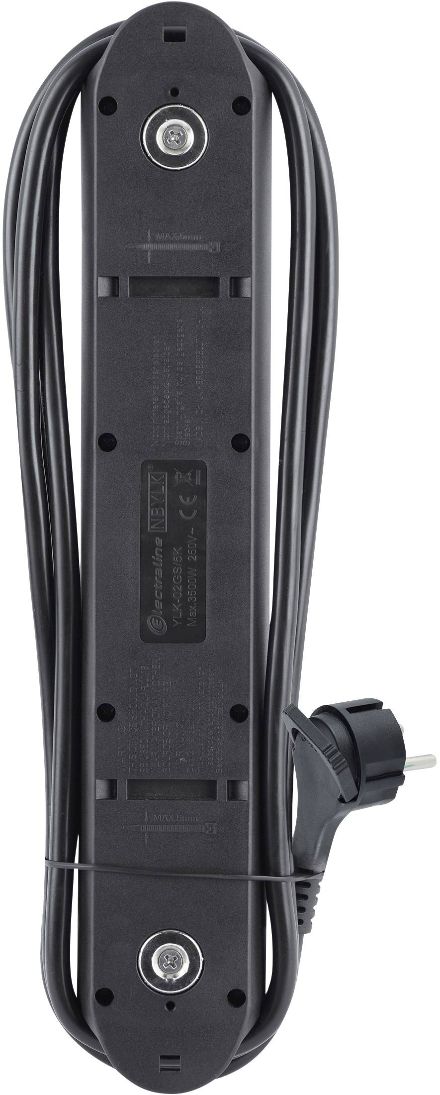 A black extension lead with two socket outlets and a Schuko plug. The cable is coiled and ready for use.