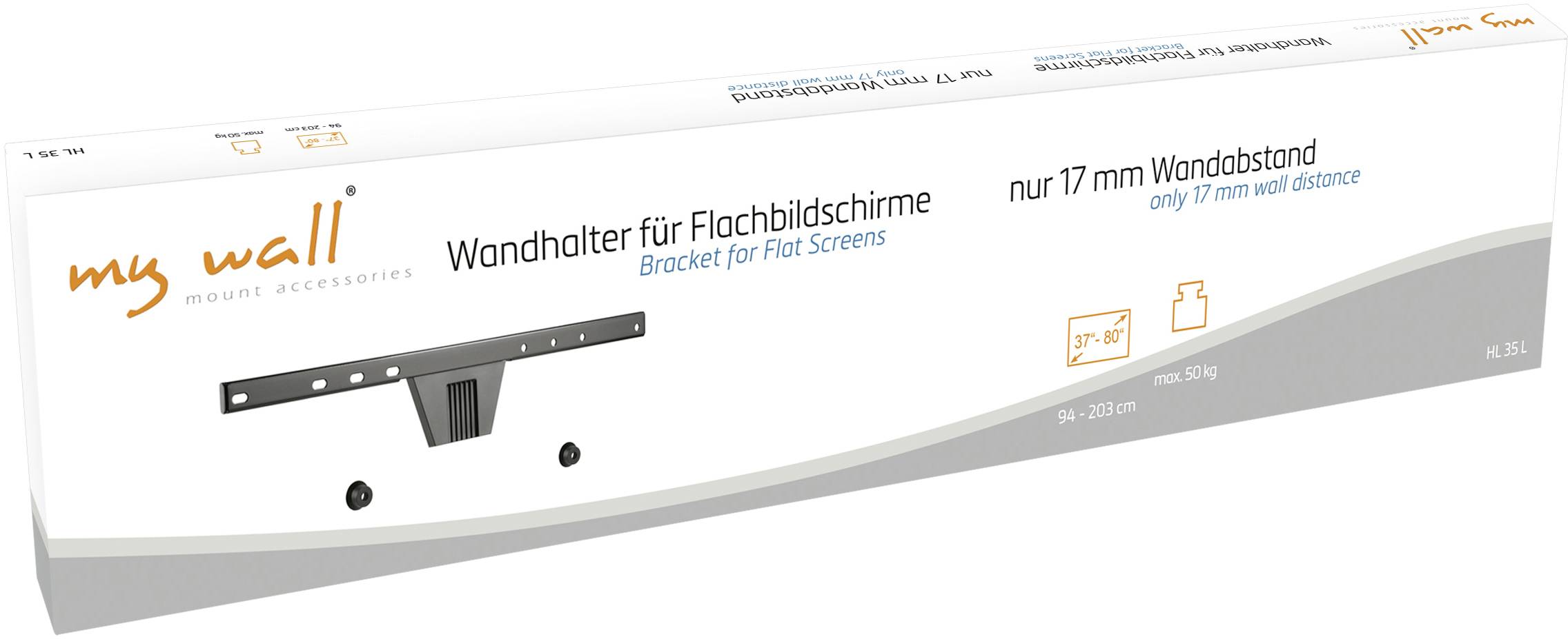 Packaging for wall mount for flat screens by 'my wall', suitable for TVs up to 37 inches. Only 17 mm wall clearance.