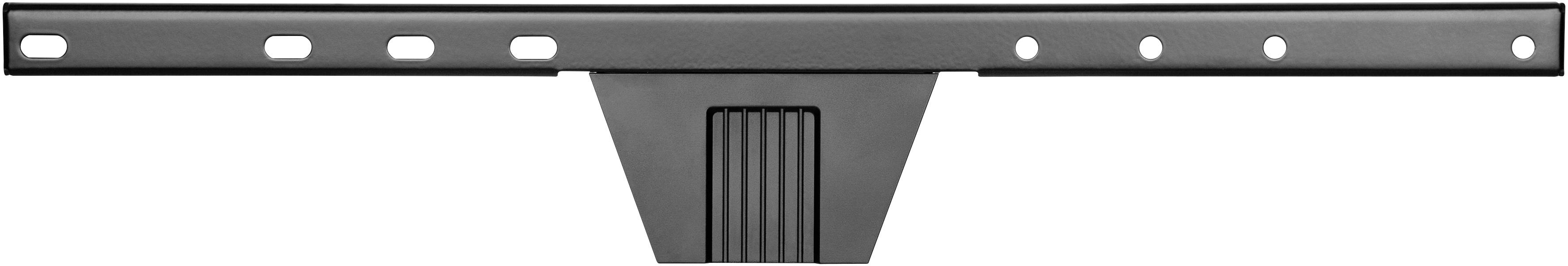 Black metal mounting bracket with multiple fixing holes, a wide, vertical element centrally positioned with grooves, likely for stability.