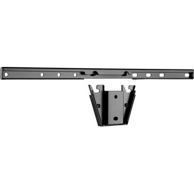 Black wall-mounting bracket for a television, comprising a long horizontal rail and a shorter vertical rail.
