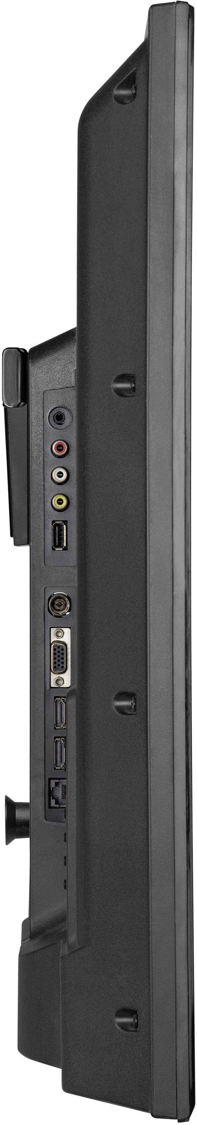 Side view of a television showing connections: audio inputs, HDMI, USB, headphone socket.