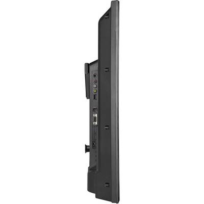 Side view of a television showing connections: audio inputs, HDMI, USB, headphone socket.