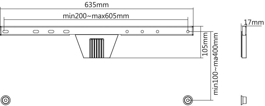 Technical drawing of a mounting bracket with dimensions: Width 635mm, Height 105mm, Depth 17mm. Adjustable length 200-605mm.