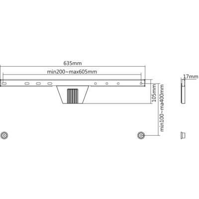 Technical drawing of a mounting bracket with dimensions: Width 635mm, Height 105mm, Depth 17mm. Adjustable length 200-605mm.
