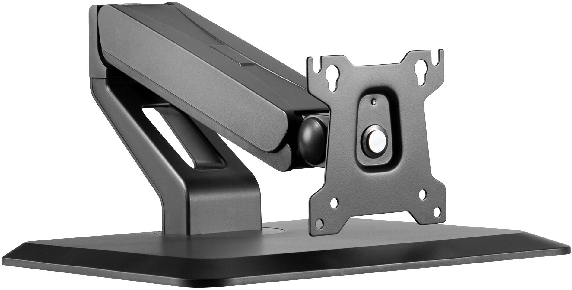 A black monitor stand with adjustable arm and standardised mounting bracket. Ideal for flexible positioning of displays.
