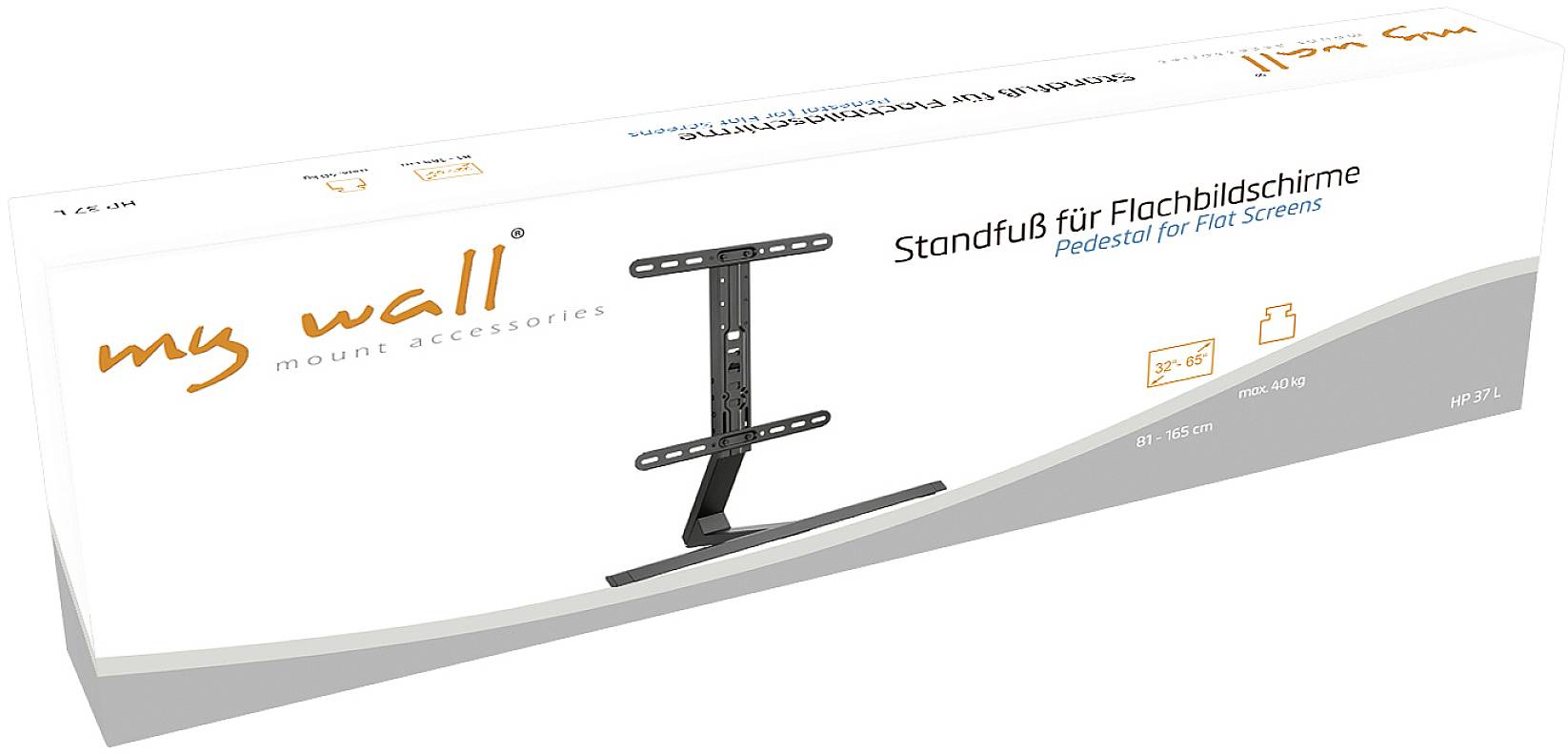 Packaging of a floor stand for flat screens by 'my wall', suitable for 58-107 cm screens, designed in white and grey.