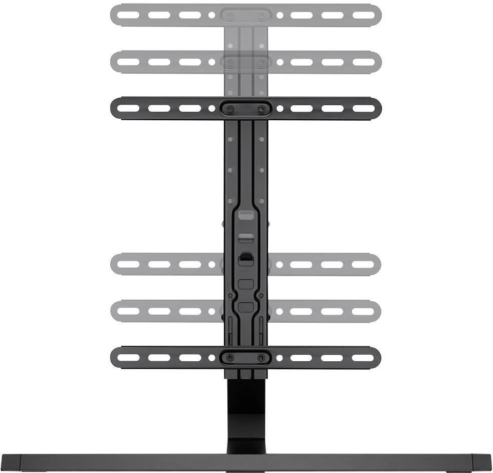 A height-adjustable TV stand made of metal with multiple mounting holes, suitable for various screen sizes.