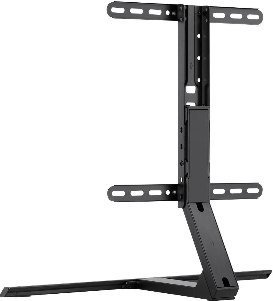 Black metal TV mount suitable for mounting a television. Adjustable in height and width to accommodate various TV sizes.