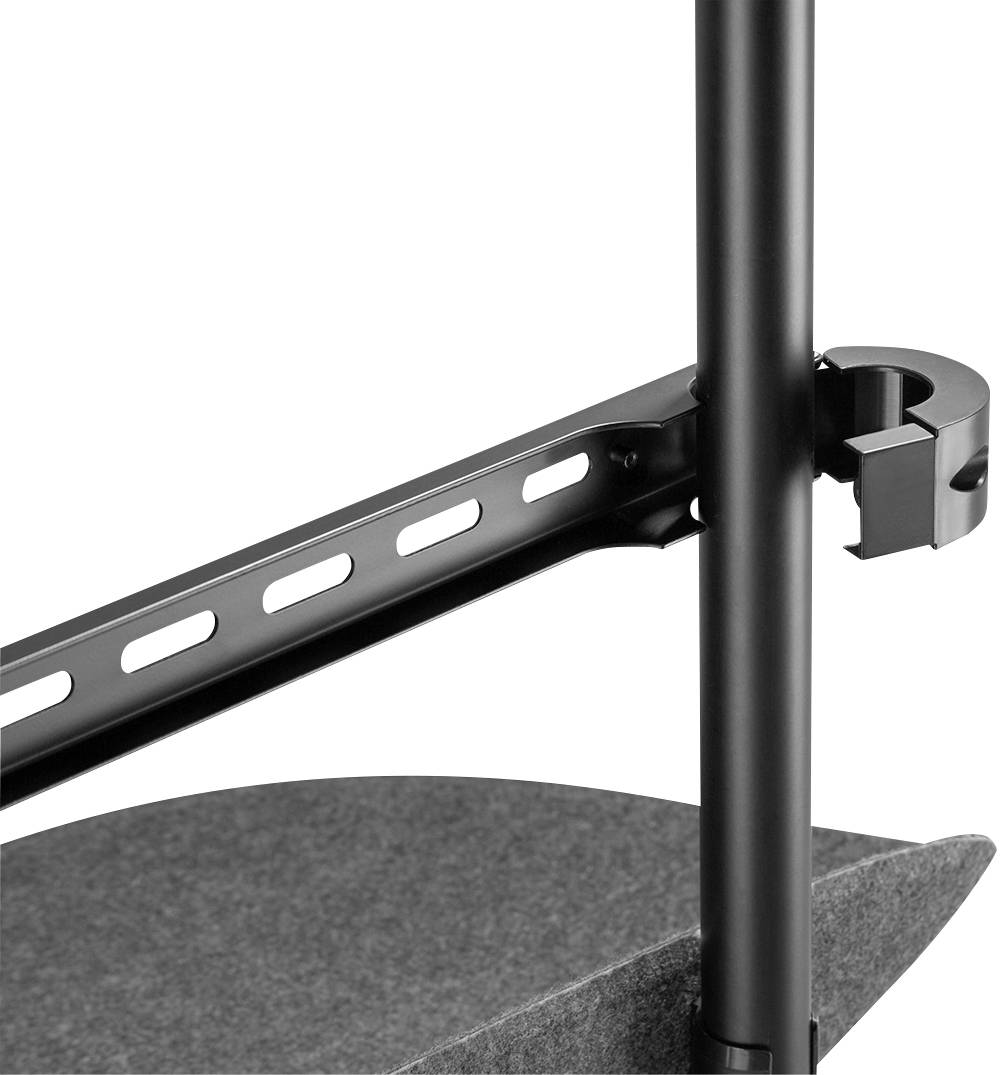 A black metal frame with rounded edges supports a grey felt board, connected by a sturdy, perforated strut.