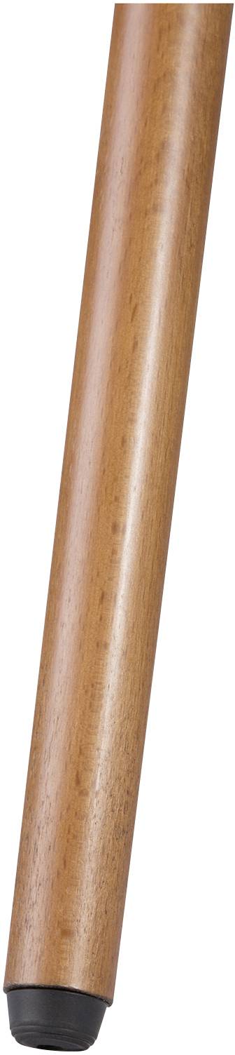 A wooden rod with a smooth surface and a black cap at its end.