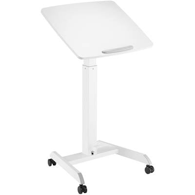 A white mobile lectern with an adjustable platform on castors. Ideal for presentations or usable as a small desk.