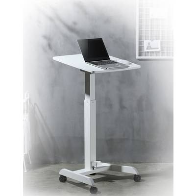 A height-adjustable white table with castors, on which an open laptop is placed, in front of a grey wall and a white grid board.