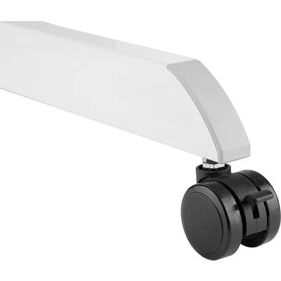 Chair base with a black plastic castor mounted on a white, rectangular frame, part of an office furniture piece.