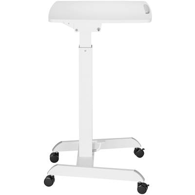 A mobile, height-adjustable medical table with four black castors and a white surface, suitable for hospitals or clinics.