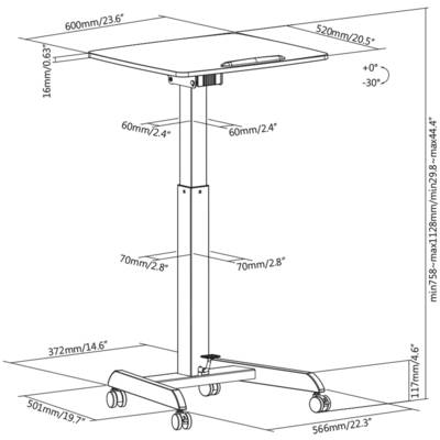 A height-adjustable table on castors with dimensions: width 600 mm, depth 520 mm, height adjustable from 758 mm to 1128 mm.
