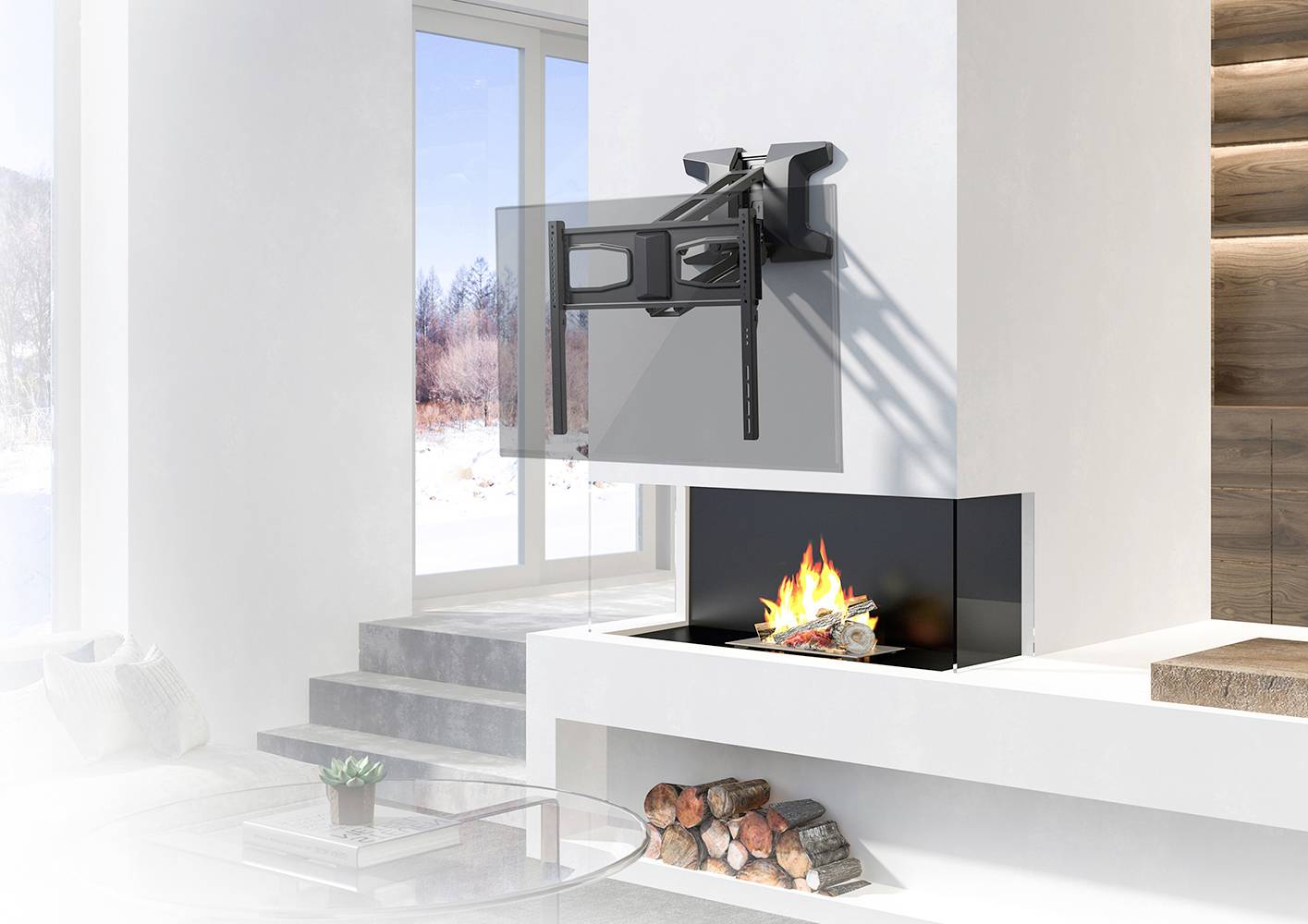 A living room with a modern fireplace, with a TV mount hanging above it. Through the window, a snow-covered landscape can be seen.
