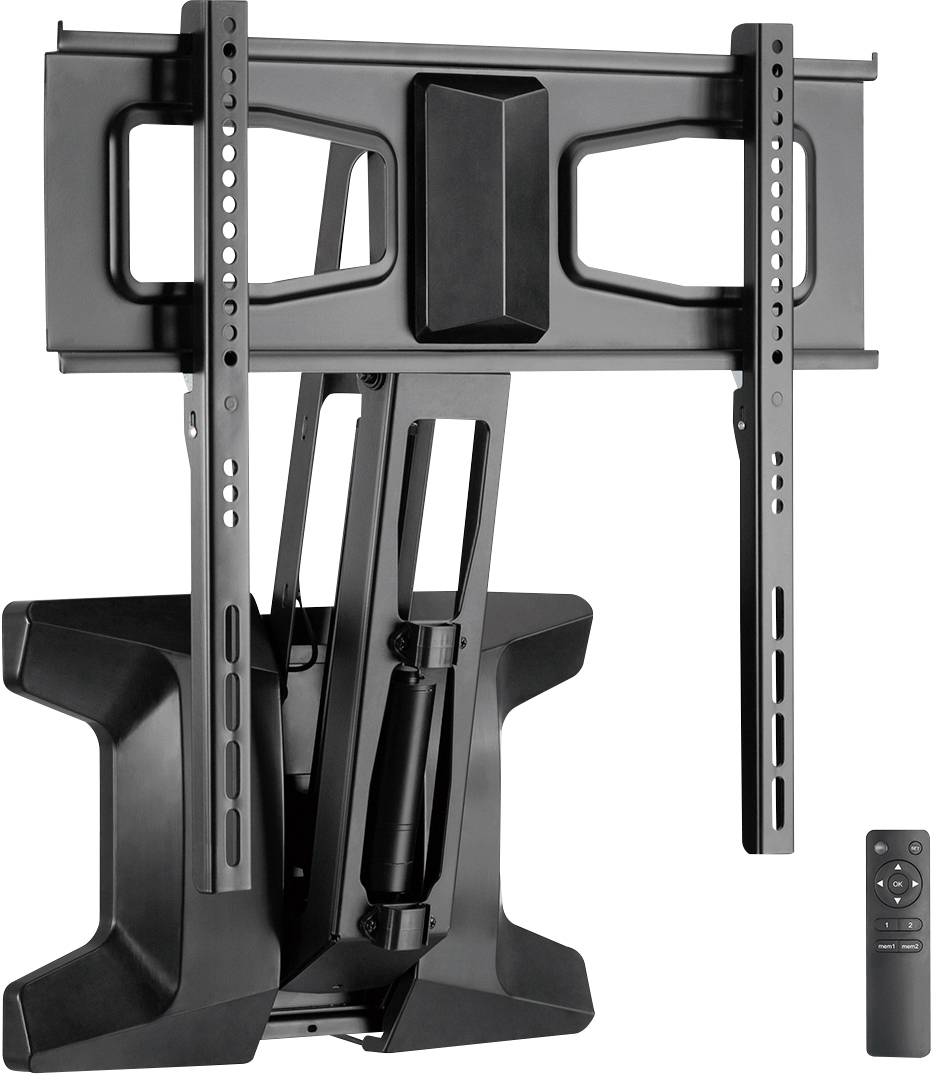 Electric TV wall mount, black, with a remote control beside it. Suitable for adjustable mounting of flat-screen televisions.