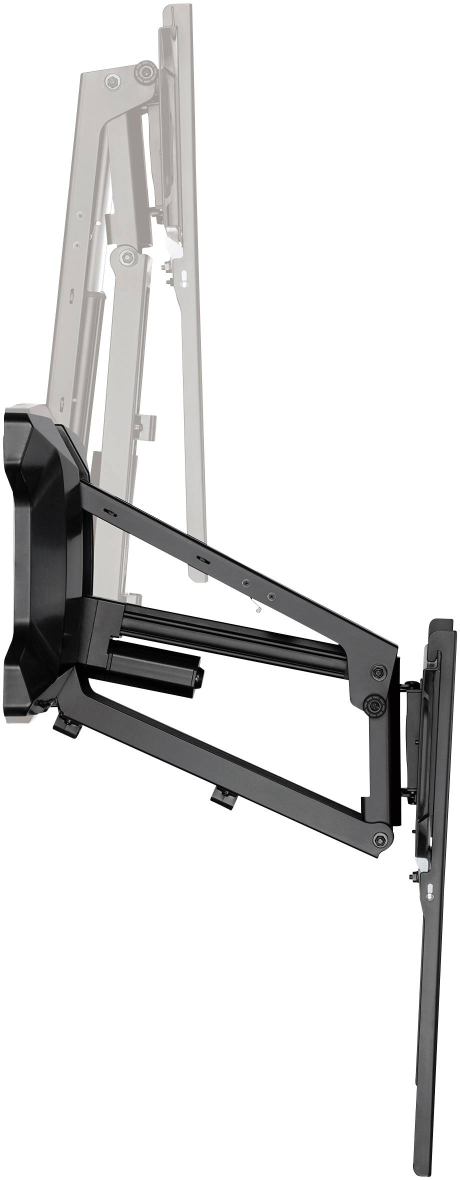 Black monitor arm, shown from the side, demonstrates an adjustable mounting with multiple joints for flexible positioning.