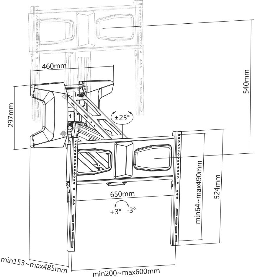 Technical drawing of a TV wall mount. Dimensions: Width 650mm, Height 540mm, adjustable. Tilt angle: +25° to -3°.