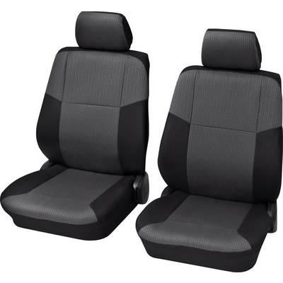 Two black car seat covers with a grey pattern and headrests, arranged side by side, display a modern design.