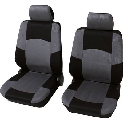Two black and grey car seat covers placed side by side display their design and material contrast.