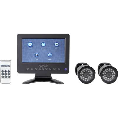 Image shows a surveillance system with a monitor, two cameras, and a remote control. The monitor has symbols for menu functions.
