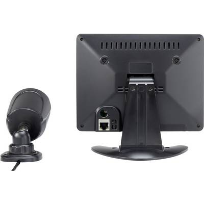 Surveillance camera and back of monitor. Camera is small and cylindrical. Monitor shows mounting and Ethernet connection.