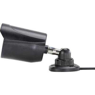A black surveillance camera, mounted sideways, points to the left. It is installed on an adjustable base.