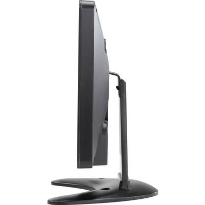 Black monitor viewed from the side, mounted on a rectangular stand.