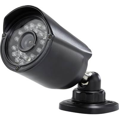 Security camera with a dark housing. It is mounted on a rotating bracket and is pointing down to the left.