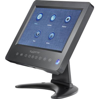 A black touchscreen monitor with a blue user interface displays six symbols, including 'Design', 'Language' and 'System'.