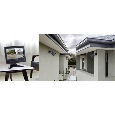 A collage depicts a surveillance system: on the left, a screen with a camera image; on the right, a camera mounted on the exterior of a building.