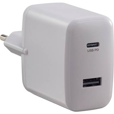 USB Charger with Power Supply and Two Ports: USB-C on top, USB-A on the bottom. Labelled as 'USB PD'.