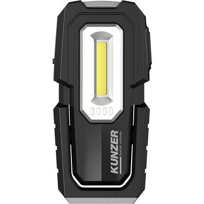 Black LED work light with silver accents and yellow light strip. Brand name 'KUNZER' in white on the front.