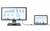 An external monitor and laptop display graphics with various blue diagrams and percentage indicators connected by a cable.