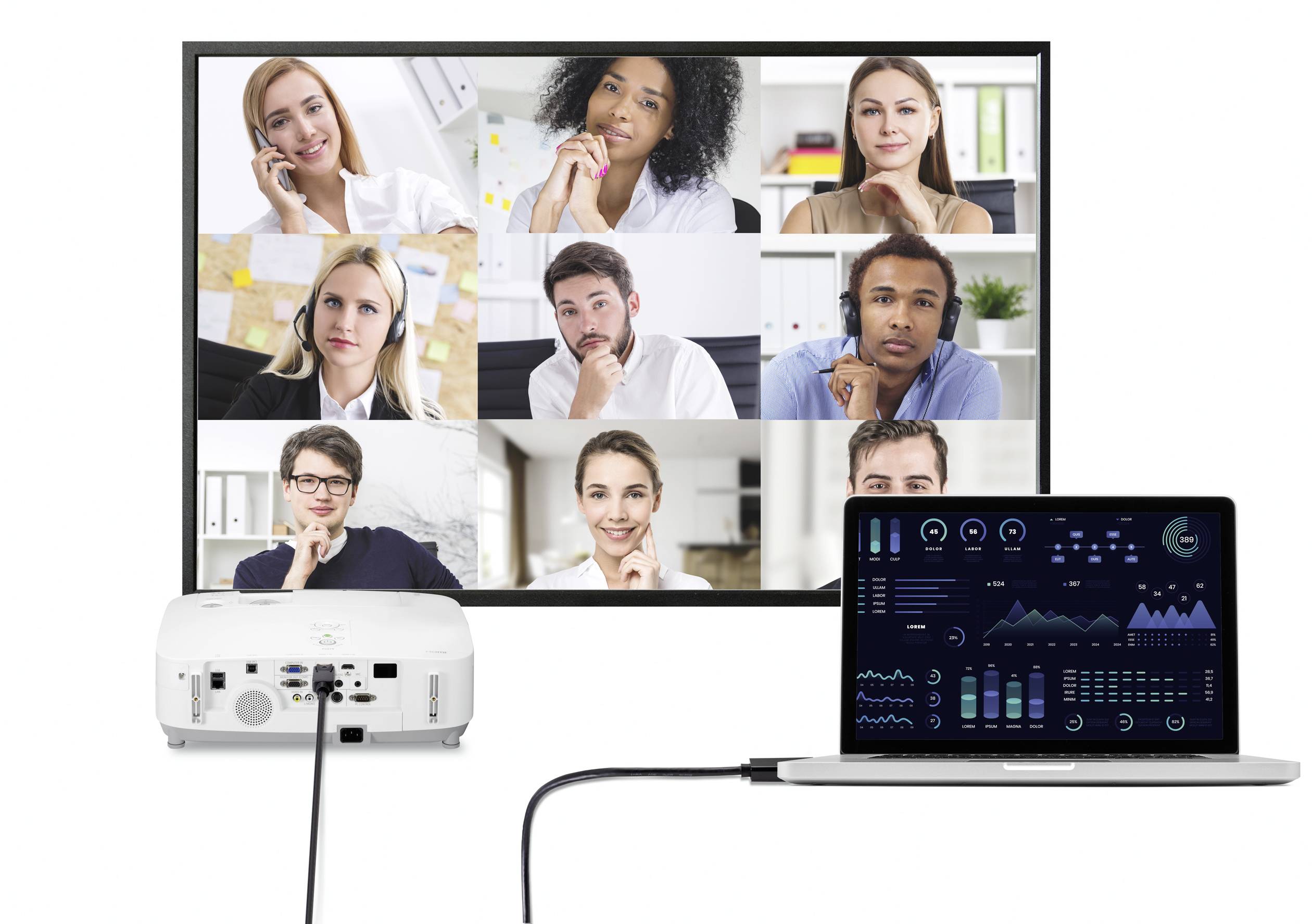 Laptop connected to a projector displays a video conference with nine people on the screen.