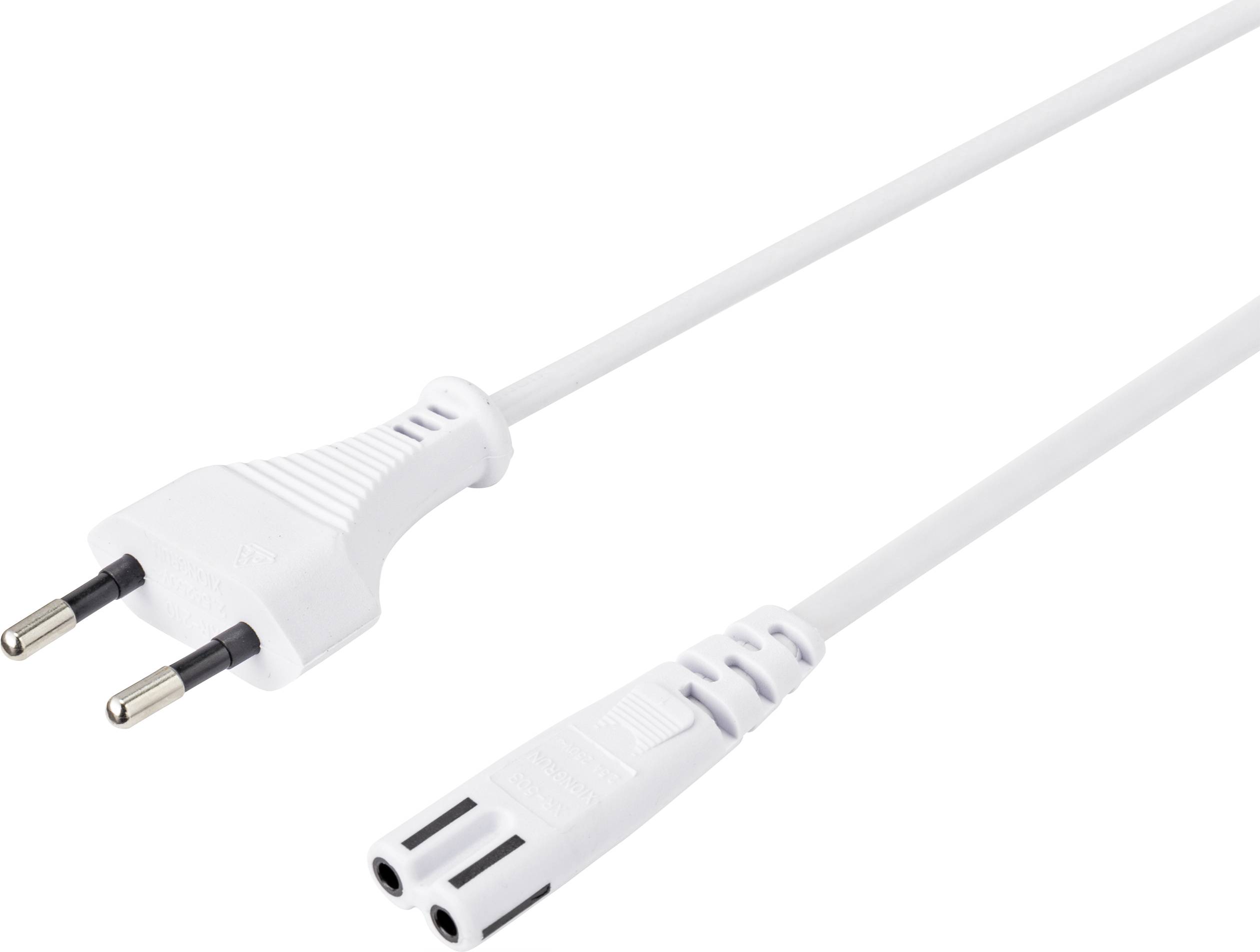 A white mains cable with a Euro plug on the left and a double socket on the right, for connecting devices to a power source.