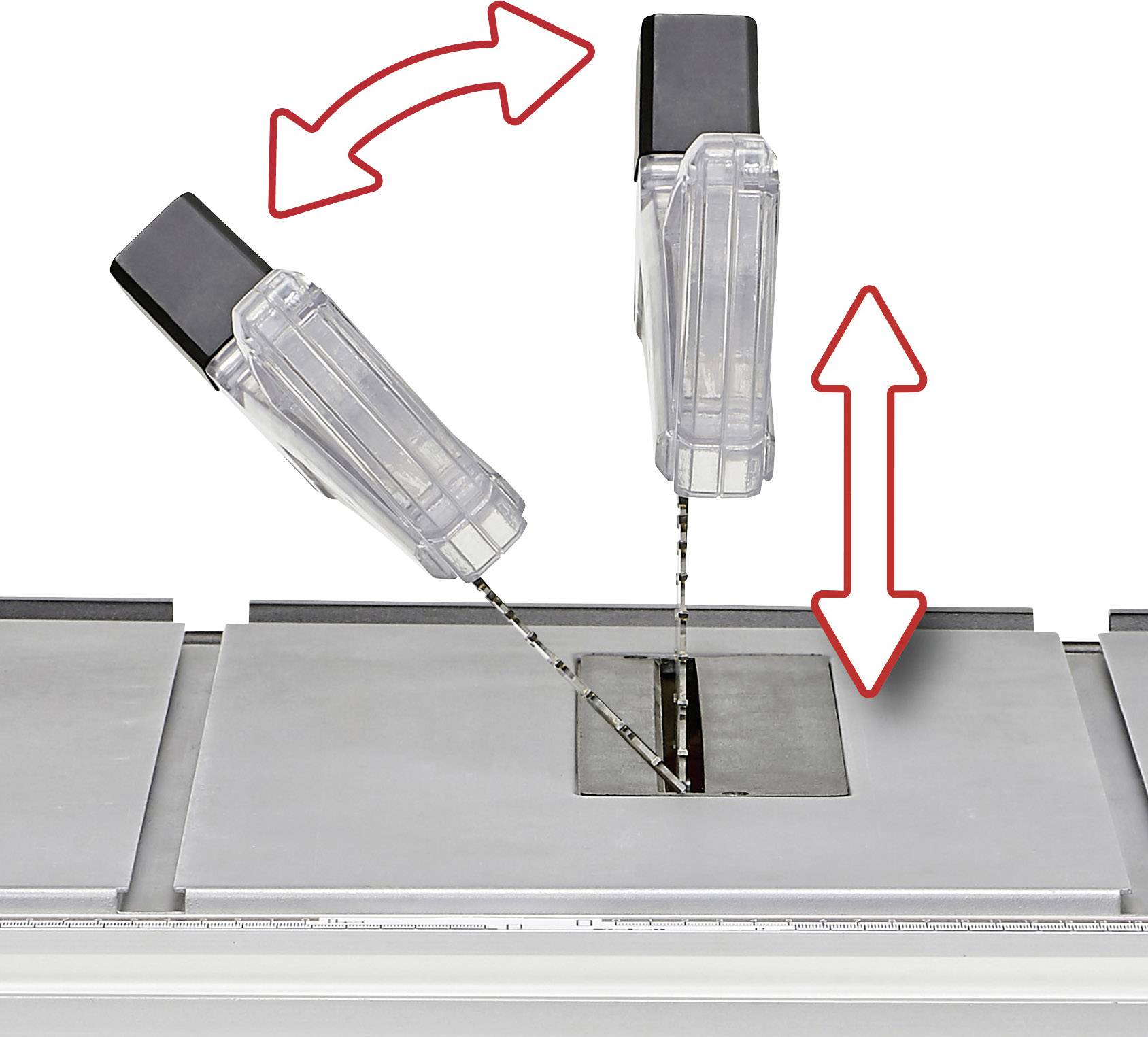 'Bookbinding Machine in Action: A stack of paper being stapled. Arrows indicate the stapling movement process.'