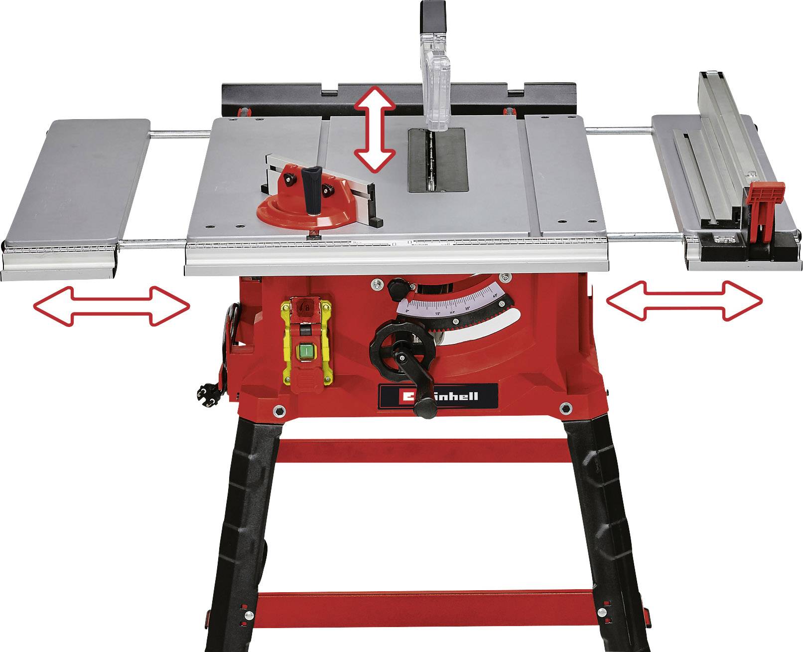 Red table circular saw with adjustable metal slider. Arrows indicate the movement directions of the sliders.