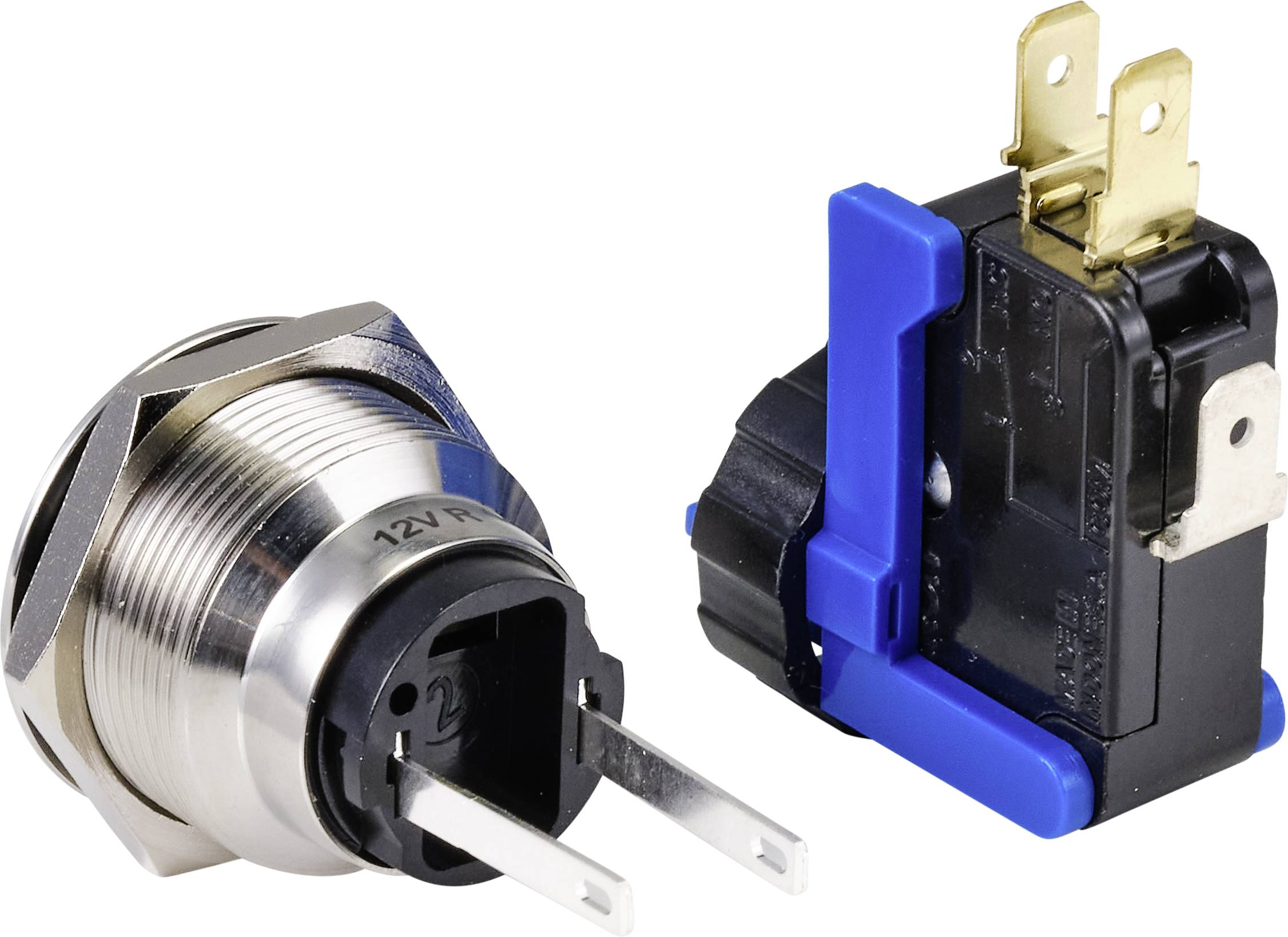 Metal switch with two connection pins next to a blue and black plug adapter with golden contacts, on a white background.