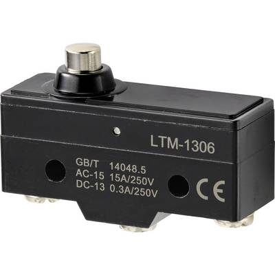 A black micro switch with the inscription 'LTM-1306', CE certification, and specifications for current and voltage: AC-15 15A/250V, DC-13 0.3A/250V.