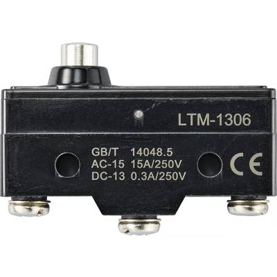A black electric switch with the inscription 'LTM-1306'. Specifications: AC-15 15A/250V, DC-13 0.3A/250V. CE marking in the bottom right corner.