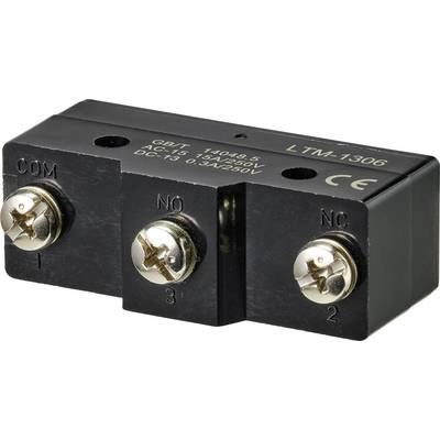 'Black microswitch LTM-1306 with three connection points, COM, NO and NC, voltage specifications engraved on the surface.'