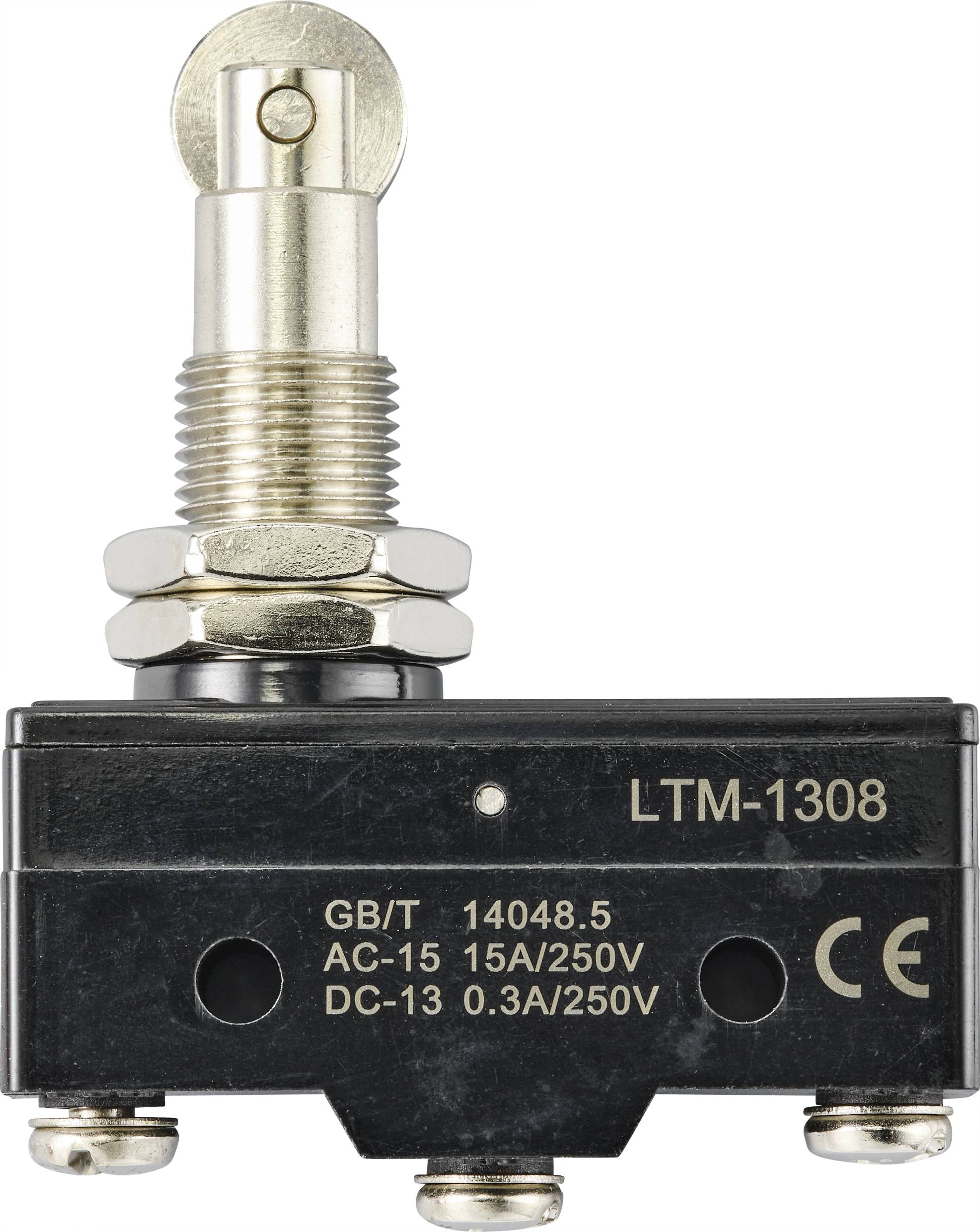 A black micro switch with the print 'LTM-1308', specifications 'AC-15 15A/250V', 'DC-13 0.3A/250V' and CE marking.