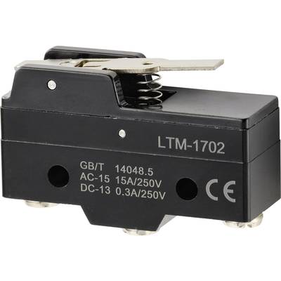 A black micro switch with a metal lever and marking 'LTM-1702'. It is designed for AC-15 15A/250V and DC-13 0.3A/250V.